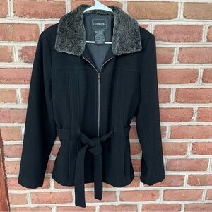 Sexy black wool jacket with belt and faux fur collar by Outbrook. size: medium